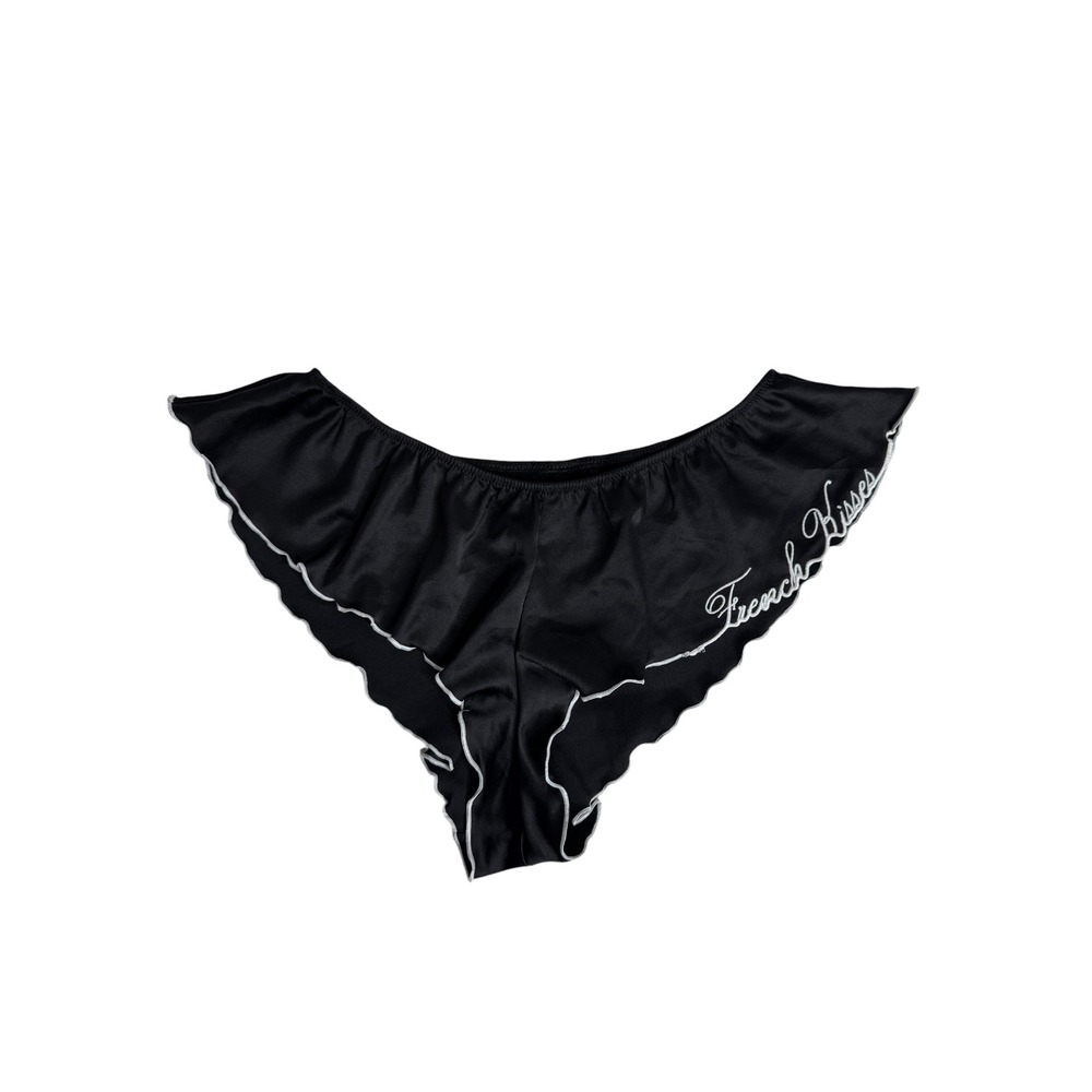 Victoria's Secret Black Satin Ruffle French Kisses High-Leg Cheeky Panty M NWT